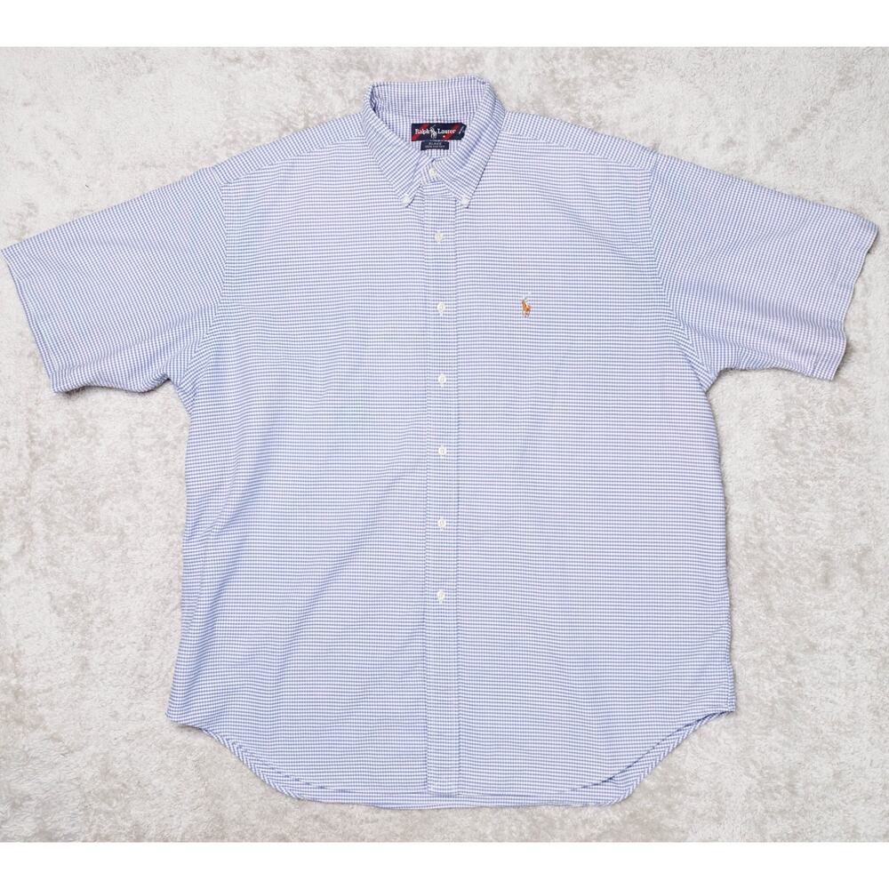 Ralph Lauren Blake 100% Cotton Blue White Short Sleeve Button Down Shirt Mens XL
